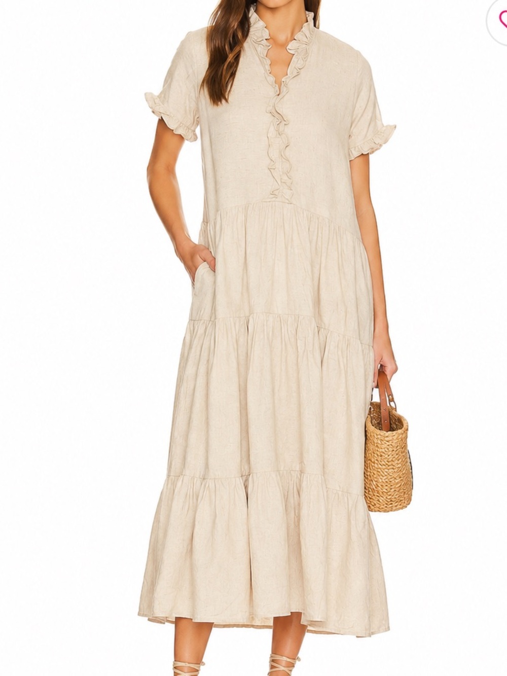 Marielle Almelo Linen Blend Tiered Midi Dress Cream Ruffle Neck Cottagecore Boho